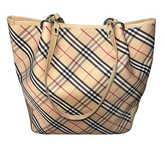 Burberry Nova Check Canvas Leather Tote Tan Black Red Traditional Plaid Pleated - Picture 1 of 16